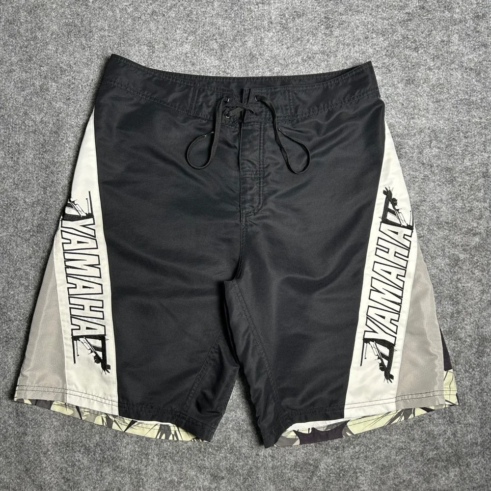 Yamaha Board Shorts Black White Graphic Skater Baggy Y2K Retro Size 36